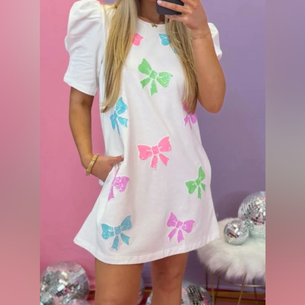 🎀Sequin bow dress multi color so fun hot pink turquoise lime green Peach Love🍑